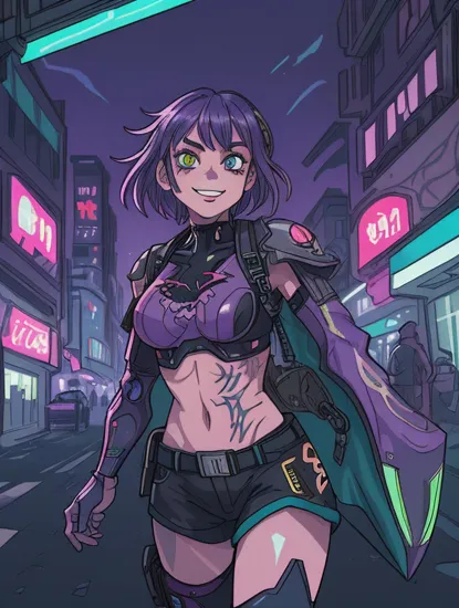 joker +in a dystopian cyberpunk city, 
Green hairs,
purple neon suit-like armor
cyborg modification,  
cyberpunk armor, 
cyborg, fighting pose, 
( sharks cyborg), 
neon shark sign
Gangster, 
(blue neon tattoos:1.2), 
mad smile, 
joy, 
looking at the camera, 
cyber visor, 
steampunk,
dark misty street, 
wearing cyberpunk armor, 
neon signs, misty,
 cyborg purple eye, 
cyborg arm, 
exposed leg, 
neon on body, 
sfw