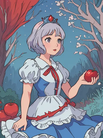 An old argentinian social worker as snow white, with short hair, wearing a snow white (princess dress:1.3), holding an apple, with a forest background, red and blue dress. colorful (polaroid:0.9), (selective focus, surreal film:1.2)