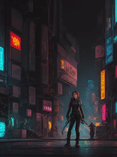 pixel-art Katniss Everdeen from The Hunger Games, (reimagined in a cyberpunk universe), (cyberpunk style), (cyberpunk), cyberpunk outfit, punk hair, (augmentation), (cybernetics), glowing neon lights, cinematic scene, hero view, action pose, beautiful 8k, detailed background, masterpiece, best quality, high quality, absurdres, vivid.. low-res, blocky, pixel art style, 8-bit graphics