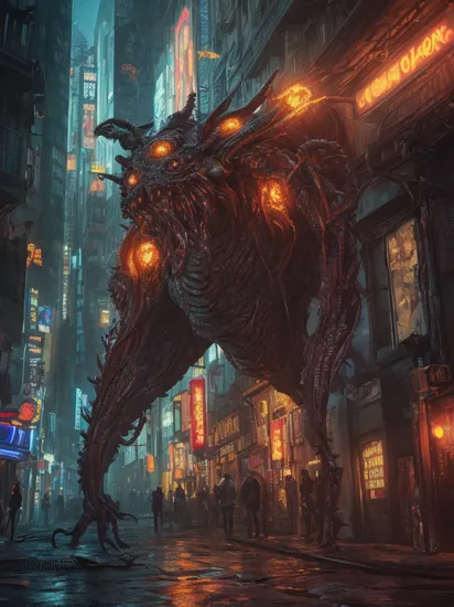 Lovecraftian demon on cyberpunk city, color grading, 5d, super-resolution, oled, cinematic lighting, realistic detailed,painting, fan art,detailed, perfect anatomy,reflection light, realistic light,8k octane wallpaper,hardline,highly detailed,intricately detailed,digital painting, fan art,ultra detailed, best quality,masterpiece, (volumetric lighting, bright),novelai, aesthetic, masterpiece, macro photography vivid colors, photorealistic, cinematic, moody, rule of thirds, majestic,