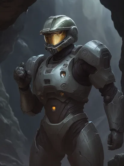 masterpiece, best quality,  master chief, solo, seiza, arms behind head, flesh, cave, cavern, flesh walls, gross, wet, shiny, slime \(substance\), science fiction, helmet, armor, armored boots, greaves