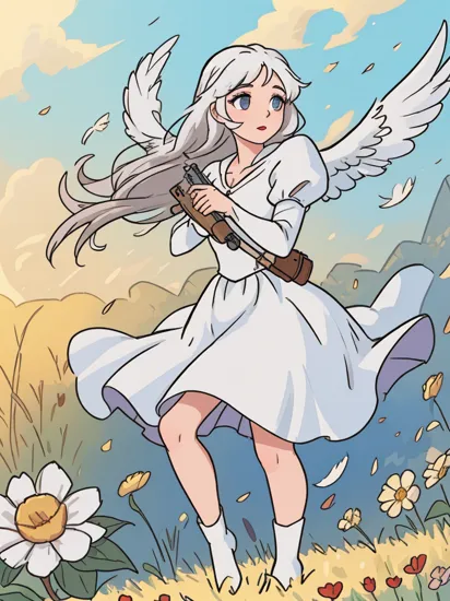 A beautiful Snow White holding a gun in a field of flowers, feathers flying in the wind, full body, golden hour,