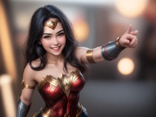 DC movies,photo of a 18 year old girl,wonder woman,pointing at viewer,happy,laughing,ray tracing,detail shadow,shot on Fujifilm X-T4,85mm f1.2,sharp focus,depth of field,blurry background,bokeh,lens flare,motion blur,,