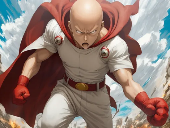 saitama, anime, one punch, 1boy, full body, (punching), (angry monster:1.3), serious, cape, solo, gloves, red gloves, belt, white cape, red footwear, parody, best quality, <lora:Saitama-10:0.92>