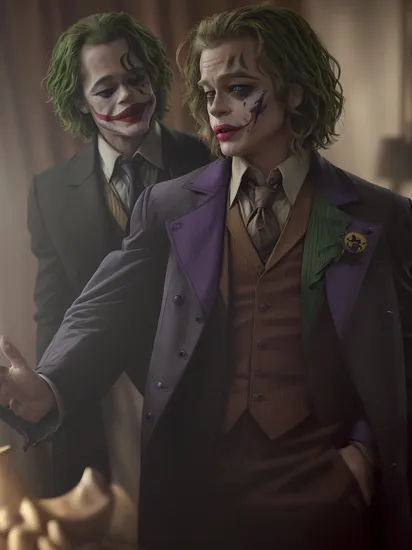 (Movie Still) from The Batman, (extremely intricate:1.3), (realistic), (Brad Pitt:1.2) as the Joker, (the Joker's makeup on his face:1.4), the joker's smile