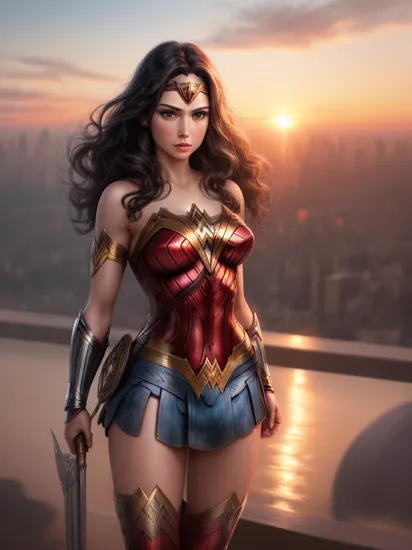 A beautiful illustration featuring Wonder Woman standing before the stunning sunset, overlooking the vast cityscape