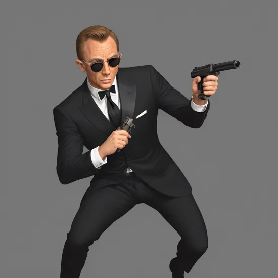 surreal of a rabbit as (james bond) with sunglasses, action pose holding a gun