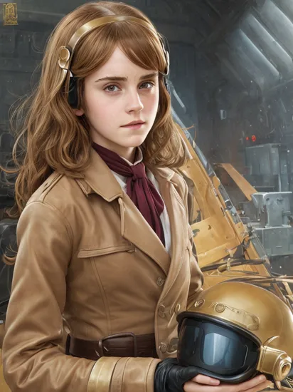 Emma Watson as Hermione from Harry Potter, wearing VR Helmet, hacking a computer, art by Masamune Shirow, art by J.C. Leyendecker