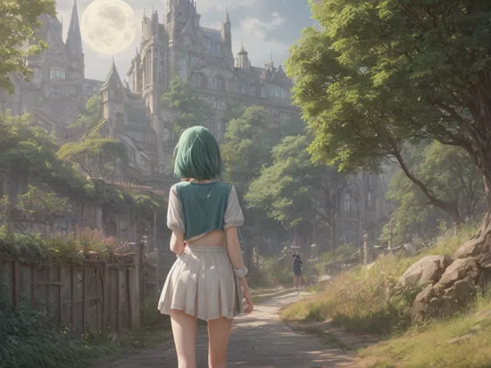 digital photography, symmetrical, photo, aqua shirt with blue jeans, foxy, (best quality), very dark lighting, High Detail, taupe skin, medium green hair, photorealistic, full moon, Greg Manchess, white skirt, extremely detailed CG unity 8k wallpaper, cannonballs, 8k, cloudy sky background lush landscape illustration concept art anime key visual trending pixiv fanbox by wlop and greg rutkowski and makoto shinkai and studio ghibli, architectural streets, magnificent details, full body, (Photorealistic:1.3), beautiful studio soft light, forest, medieval architecture