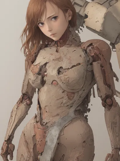 exposed body parts,((naked woman)),iron man,([rags,torn,wreckage]),closeup body,(upper body),(looks at the camera).
(ghibli Illustration),((BEST QUALITY)),((MASTERPIECE)),((DETAILED))