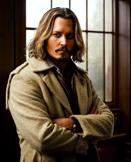 Johnny Depp, Contemplative @JohnnyDepp, youthful features, swept-back blond hair, clad in a herringbone-patterned coat with a prominent shearling collar, arms crossed, stands in a dimly lit, wood-paneled room, ambient warmth suggested by soft, diffused lighting, the background a blur of indistinct figures, adding a sense of depth and solitude to the subject's presence.