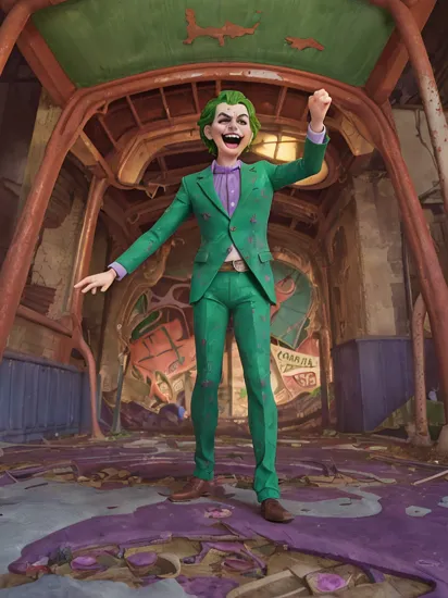 ((ultra detailed, glossy, smooth, comic style)), (1man:1.5), ((body portrait, body shot)), (The Joker:1.1) laughing in an abandoned amusement park at night, (hysterics, evil eyes, terrifying anger, green hair:1.1), (purple suit:1.3), (dilapidated stalls, (rust:1.1), wrecked roller coaster:1.2), (rubbish, rubble:1.1)