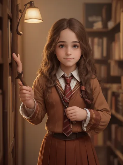 ((cowboy shot)), 1girl, book, bookshelf, brown eyes, brown hair, copyright name, holding, holding wand, indoors, lamp, long sleeves, necktie, red necktie, robe, school uniform, smile, solo, standing, upper body, wand, wavy hair, ((hermione granger)), highres,
(((masterpiece))), (highest quality), best quality, highres, (intricate details), 8K, extremely detailed, ((perfect face)),  <lyco:Persona Lycoris-000036:0.8>