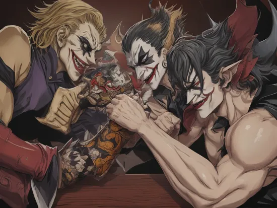 
the joker as a hannya arm wrestling with batman , demon slayer boss, masterpiece , fighting, anime 