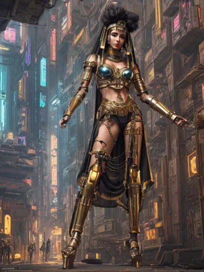 Cleopatra as a (cybernetic egyptian:1.2) Queen, full body visible, mechanical pody parts, (punk cleopatra hairstyle:1.2), (traditional egyptian outfit:1.1), (cyberpunk outfit:1.3), futuristic jewelry, hero pose, Egypt background, cinematic lighting, (neon pyramids:0.7), depth of field, detailed, sharp, HD, HDR, masterpiece, best quality, best resolution, sfw, full outfit