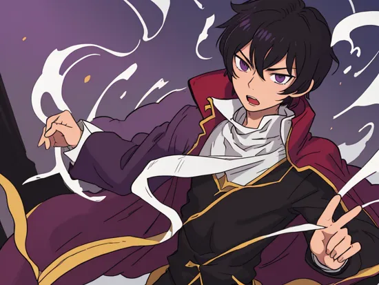 1boy, black hair, cape, hair between eyes, lelouch lamperouge, looking at viewer, male focus, open mouth, purple eyes, red cape, shirt, short hair, solo, white shirt, 