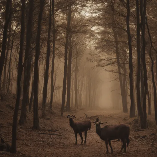 lighting: dim twilight casting long shadows across a barren wilderness,
colors: muted, sepia tones,
medium: hyper-realistic photography, style: reminiscent of eerie Victorian-era portraits,
19th-century Victorian Gothic ambiance, old photograph feel,
a goat head in a forest loom by a dead body,
composition: shot with a Canon EOS 5D Mark IV DSLR camera, EF 85mm f/1.8 STM lens, Resolution 30.4 megapixels, ISO sensitivity: 800, Shutter speed 1/125 second, f/8, depth-of-field,
 Beksinski, eldritch, an album cover, conceptual art