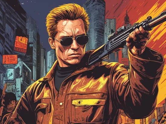 masterpiece, best quality, realistic, the terminator wearing a sunglasses, holding a shotgun at a cyberpunk night city, BREAK vector art, pop art, 2D, deformation