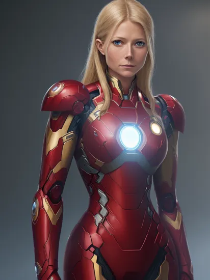 gwyneth paltrow as Iron Man from the MCU movies, Ultra Detailed, Realistic Movie Poster,  Battle Scene, High Resolution, Blue Tone,