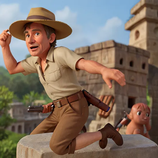 (Harrison Ford:1.1) as Indiana Jones, hat, shooting a Lugar Pistol, while running jump from the ledge of ancient Mayan ruins, blurry, movie still, motion blur