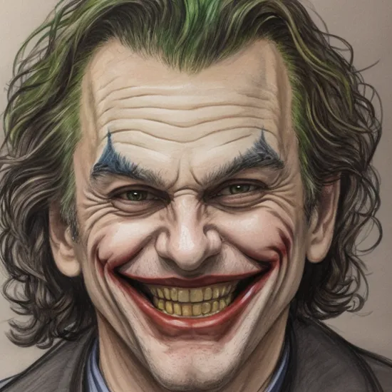 courtroom-sketch of the joker grinning