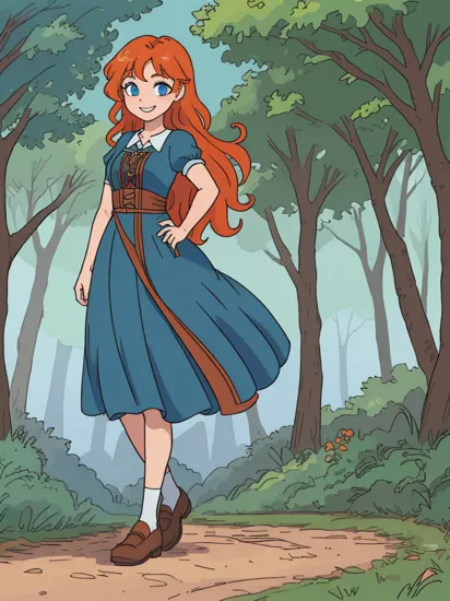 merida_v1, long orange hair, curly hair, blue eyes, green dress, clothing cutout, brown shoes, looking at viewer, smiling, full body shot, standing, outside, hand on hip, trees, forest, natural lighting, high quality, masterpiece,  