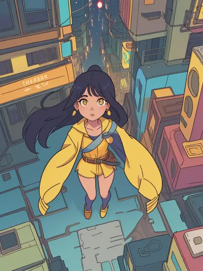 1girl 
pocahontas\(disney\), 
yellow suit
color of the wind
digital cityscape, 
perspective from above
shadow
cyberpunk \(series\), 
anime, cartoon
lineart, 
gradient
(by James Gilleard)