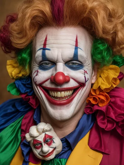 jokermovie style, a portrait of a man dressed up as a clown, smiling, looking at the viewer, focus light