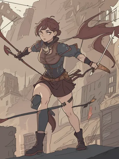 <lyco:jasmine sam-v2.0:1>  artstyle, sketch, color, busty woman, Abstract, Energetic, Supernatural Huntress, Ruined Cityscape, Arcane Bow and Arrows, Athletic Stance, Fragmented Texture, Crumbling Building Background, Crouching Pose, Balancing on Ledge, Mysterious Lighting, Asymmetrical Composition, Moderate Depth of Field, Grungy Color Palette, High Contrast