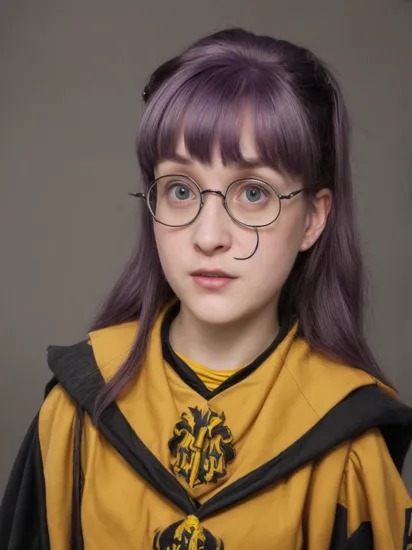 ("Hufflepuff" crest: 1.4) , (oil painting) portrait of a very ugly teenager with violet hair in the Harry Potter universe, she is wearing black cloak, weird nerd personality, funny, silly personality, wearing big glasses, sharp image, black background