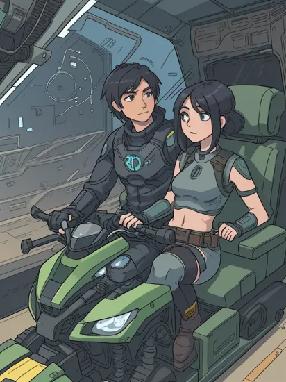 Two people, Cortana and Master Chief riding together on a quadbike, Master Chief on the front steering, Cortana on the backseat holding tight to Master Chief with her arms around his hips, reimagined in a cyberpunk universe, cyberpunk style, cyberpunk surrounding   