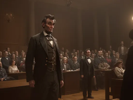 (abraham lincoln in a courtroom, crowd, multiple_others:1.3), 
(standing:1.5),
(parted_lips, angry:1.2),
,
intricate, masterpiece, best quality, highly detailed, brown hair, bare_arms, bare_legs,
(action scene), dreamlikeart, nostalgia, depth of field, dynamic pose, dramatic angle, unreal engine, 8k, highly detailed, photo, photorealistic, hyperrealistic, cinematic lighting, cinematic composition, beautiful lighting, sharp, details, hdr, 4k