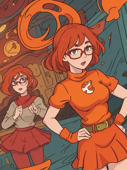 Fashion Photography, (ohwx woman:1.0),As Velma Dinkley from Scooby-Doo, dressed in her orange turtleneck, red skirt, and large glasses, examining a clue with Scooby and the gang in a haunted mansion, solving a mystery, detailed environment, vivid colors, evocative of the classic animation style, high-resolution, capturing the essence of the beloved series.,  