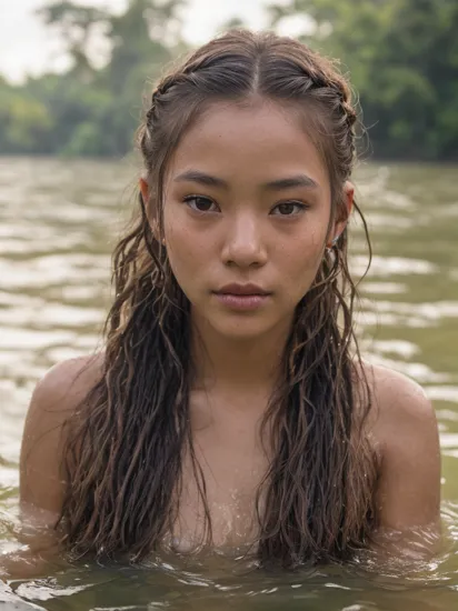 (detailed portrait photography at 8k:1.2), a beautiful silver|black braided hairstyle brazilian|thai|welsh|cambodian girl (swimming in a Amazonian river:1.1), (round natural face:1.1), high skin detail, beautiful hair detail, lens flare, light particles, dust particles, (atmospheric, cinematic:1.3), (masterpiece photography:1.3), incredible detail, beautiful detail, stunning, perfect, high quality