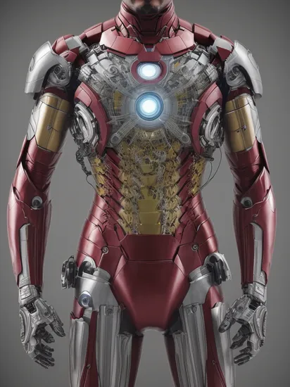 Imagine a technical cutaway diagram of Iron Man's suit. The outer layer of armor is partially transparent, revealing the complex inner workings underneath. You can see the intricate network of circuits, the support frame, and the energy pathways from the arc reactor to the rest of the suit. Each component is meticulously designed for functionality and strength. 