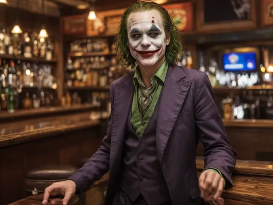 photo of the joker sitting at the counter in a bar, evil smile, mystic