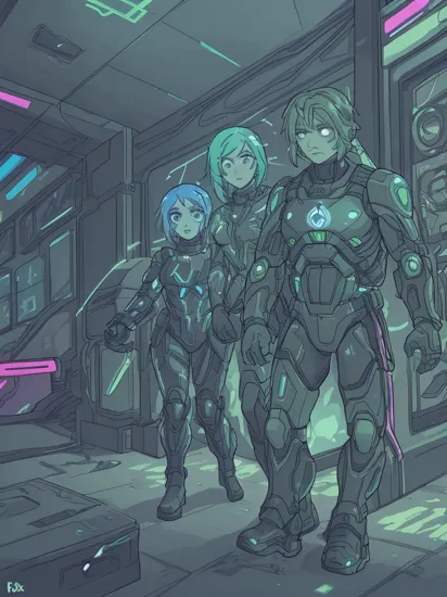 Two people, (glowing tattoos hologram Cortana) and (military camouflage colored cyborg Master Chief), reimagined in a cyberpunk universe, fighting against a group of robots, cyberpunk, cyberpunk art style, cyberpunk surroundings, glowing multicolored neon lights, raining, lightning, cinematic scene, detailed background, masterpiece, best quality, high quality, highres, absurdres, 16k resolution   