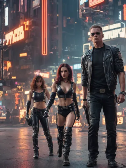 Film still, Terminator, performing with dancing girls, cyberpunk 2077 cityscapes