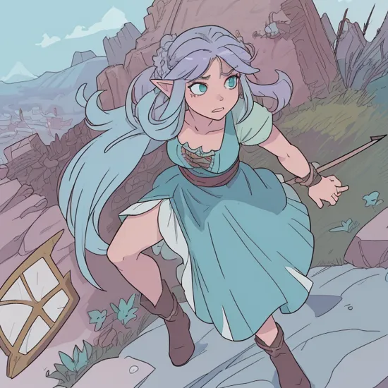 firbolg woman with pink skin and rapunzel cyan hair throwing a long spear and a shield on top of  stone ruins on top of mountain,  standing on ruins, victory pose, holding shield, ((throwing spear)), (longspear), spear,  full body, wide angle,((action pose)), strong, ((giant)), tall, fey, angry, abs, fierce, chiseled abs, long legs, ((cyan hair)), flower wreath, druid, ((barbarian)), ((warrior)),  epic fantasy character art, soft colors, soft light, solo, (alone), wide angle, long skirt, leather top, adult woman,((firbolg)),giant, open eyes, blue eyes,((hair:teal)), (((rapunzel hair))), purple clothes, freeze frame, ((long_cyan_hair)), buff, feminine, soft hair, backlit hair, elf ears, flowers in hair, rapunzel hair, ((abs)), purple flowery armor, flower epaulets, purple silk flower skirt, crop top, (leather boots), castle top, (ruins), ((snowy mountain)), natural colours,  (( wide angle)),  fantasy,  detailed,  low camera angle, detailed,  ((western comic))