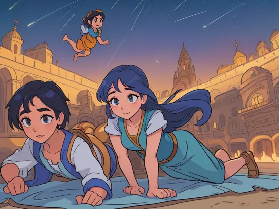 ((best quality)), ((masterpiece)), (detailed:1.6), hdr, ray tracing, pixar, Aladdin (men) and Princess Jasmine (girl) are flying on a magic carpet over the fabulous Baghdad at night, there are stars in the sky, shooting stars, northern lights