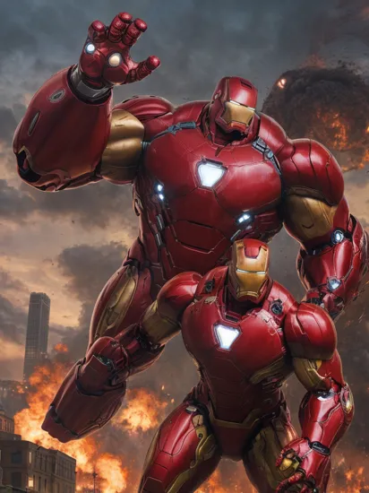 (super size Red Hulk and Spawn with Ironman),high resolution,HD,very realistic,explosion,city,street,aircraft,man focus,huge cape,(look at viewer),prefect heavy metal armor,metal skin,robot, Spawn and Ironman.