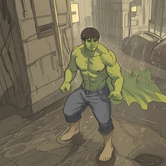 hulk, photorealistic full-body shot, heroic pose, streets, night, rain pouring down, intricate details, masterpiece, absurdres, best quality, realistic 