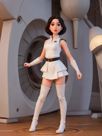 masterpiece, modelshoot style, 8k, realistic, ((photo realistic)), hyper realistic, ultra high quality, Snow White wearing a white sleeveless Starfleet uniform which ends in a short skirt, open vest, white thigh high boots,  on a starship bridge, round face, highly detailed face, military pose   