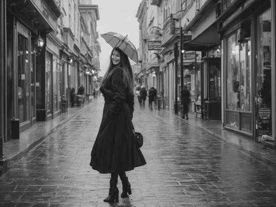 Best quality, masterpiece, ultra high res, (photorealistic:1.4), raw photo, ((monochrome)), ((grayscale)), black and white photography, street photography, trending on flickr, 1girl, offshoulder, in the dark, deep shadow, low key, cold light, a side view photo of a girl walking down the street, holding an umbrella, rainy street, in front of an antique shop with big banner on top, smiling and looking at viewer, detailed street and background, ((outdoor)), ((full body)), ((straight photo))