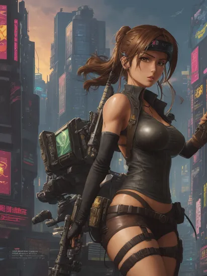 Anime artwork,  Lara Croft,  wearing VR helmet,  hacking on a computer. cyberpunk 2077 cityscape,  art by Masamune Shirow,  art by J.C. Leyendecker,  anime style,  key visual,  vibrant,  studio anime,  highly detailed
