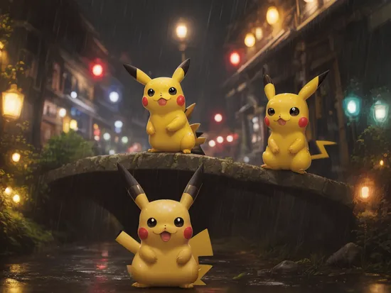 (masterpiece),
pikachu ,Ash, lighting bolts, rainy, bad weather, cloudy
dim light, cute, ultra realistic, HDR, intricate details,