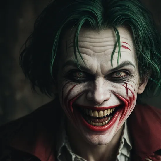 Joker, Full length , Realistic sharp knife with blood stains in hand , Crazy smile , Evil grimace , High detail , Cinematic image , Toxic green hair , Detailed teeth , Blood-colored gums , Bloody mouth , Crazy stare , Evil stare , Wiry , Vignette , Dark background , Flames in the background , HDR , 4K textures , horror atmosphere
