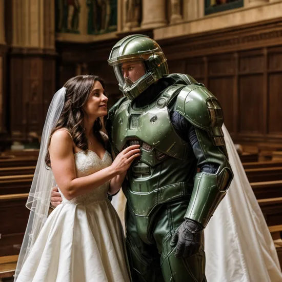  Master chief in a church holding hands with a beautiful brunette woman in a wedding dress, master_chief, male, muscular, (helmet), green armor,  extreme detail, hdr,    master_chief, halo_helmet ,master_chief_helmet, armor,