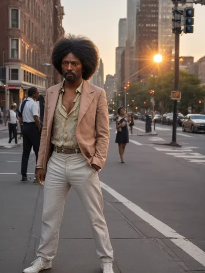 FrederickDouglass, (masterpiece, best quality, extremely detailed:1.2), modelshoot, pose, street photography, busy Manhattan street corner, serious look, 1970s disco clothing, August, heat, sweat, sunset, golden hour, pastel sky, dusk, facing viewer