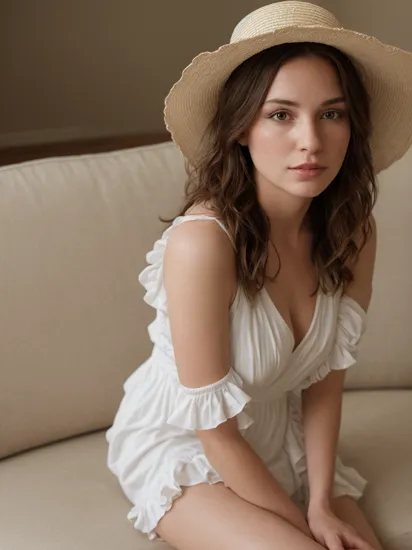 a portrait photography of a gorgeous 30 years old woman, sitting on sofa, Brunette Hair, wearing white Ruffled gown, wrap dress with flat sandals and a sun hat, attractive flirting, looking at viewer, mansion living room background, photography, detailed skin, realistic, photo-realistic, 8k, highly detailed, full length frame, High detail RAW color art, piercing, diffused soft lighting, shallow depth of field, sharp focus, hyperrealism, cinematic lighting,mrunalt 